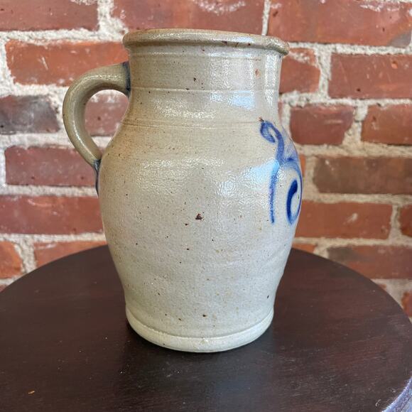 Antique Stoneware Pitcher with Blue Cobalt Decoration, 7” Tall - Picture 3 of 7
